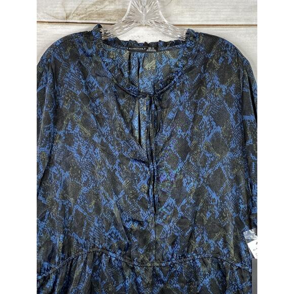 Black Tape Dress Womens 2X Blue Black Animal Print Satin Flowy Long Sleeve NWT - Picture 2 of 9